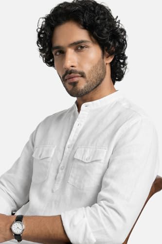 Image of SNITCH Men Casual Kurta Shirt | Regular Fit Full Sleeve Mandarin Collar Solid Pattern | Premium Cotton Linen Blend & Breathable Fabric for Festive Season & Holiday Wear