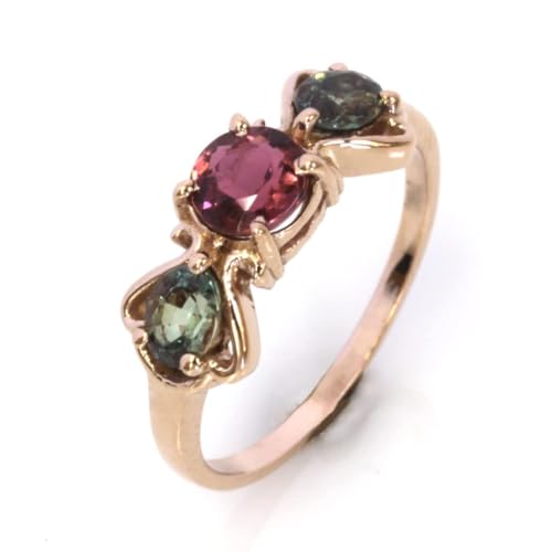 Solid 14k Rose Gold 1.3 ctw Natural Color Change Alexandrites & Pink Tourmaline 3 Stone Anniversary Ring for Women 7 mm - Handmade in USA - June Birthstone (rose-gold, 5.5)