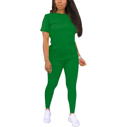 TOPONSKY Women's Matching Short Sleeve Two Piece Jogger Set, Green, XL