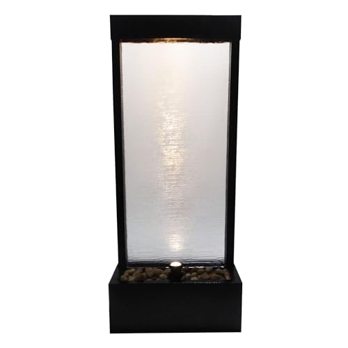 Image of Alpine Corporation MLT170S 48 inch Indoor Outdoor Waterfall Fountain with LED Light Modern Glass & Aluminum Black Wall Water Feature for Home, Patio, Garden Decor Soothing Cascading Indoor Water Fountain