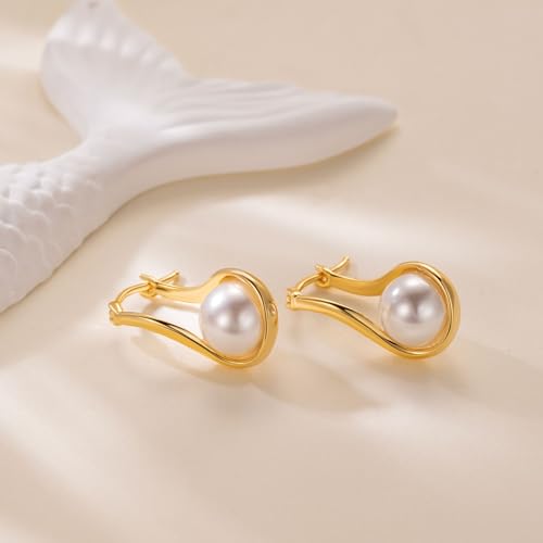 Pearl Earrings for Women Gold Hoop Earrings Solitaire 14K Gold Earrings for Women Teardrop-Shaped with Twisted Lines Eye-catching Pearl Drop Dangle Hoop Earring for Womens 7