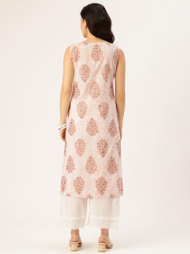 Image of feranoid Women's Pure Cotton Floral Print Straight Kurti | Elegant Curved V-Neck | Sleeveless Calf-Length Ethnic Wear | Comfortable Regular Fit | Sizes XS-XXL