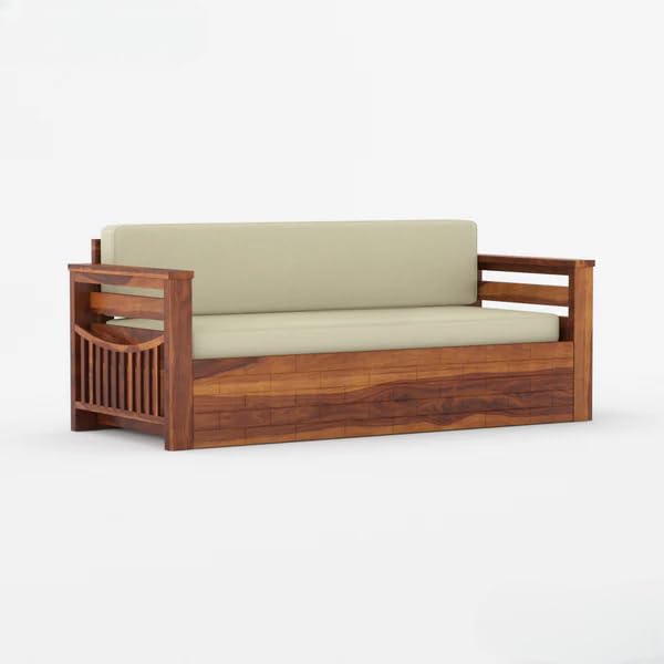 Image of Sheesham Wooden Sofa Cum Bed for Living Room with Side Pocket Storage - 3 Seater Sofa Cum Bed with Storage - 3 Person Sofa Cuma Bed Wooden with Premium Cushion Seating (Honey Finish)
