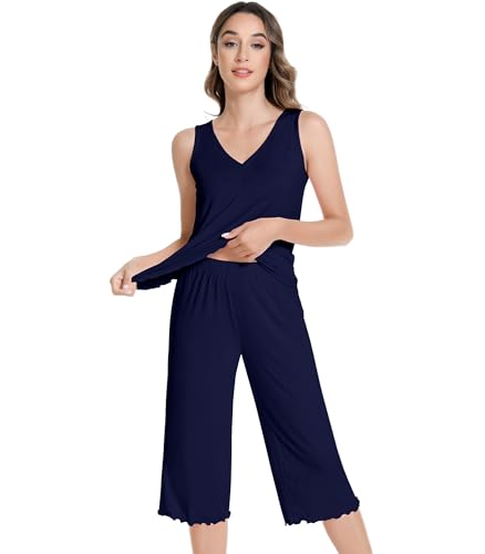 Image of NACHILA Women's Pajamas-Viscose made from Bamboo, V Neck Pjs Top with Capri Pants Pajama Set Sleeveless Sleepwear