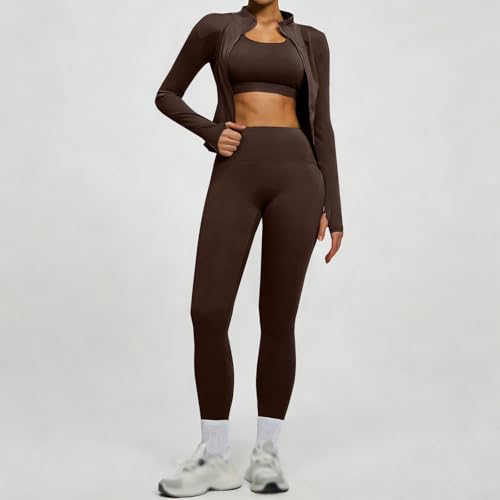 Women’s 2 Piece Yoga Workout Set – Lightweight Zip Up Cropped Running Jacket with Thumb Holes & High Waisted Buttery Soft Slim Fit Leggings Athletic Gym Activewear (Coffee, L)