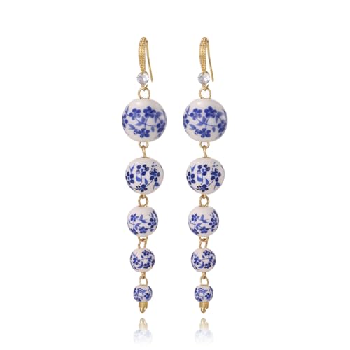 Dangling Ceramic Ball Beads Drop Dangle Hoop Earrings for Women,Lightweight Long 5 Balls Vintage Statement Jewelry Earrings For Formal Party Prom Wedding