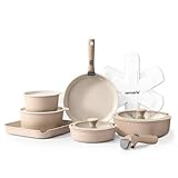 SENSARTE 17 Piece Ceramic Pots and Pans Set, Nonstick Detachable Handle Cookware, Induction Kitchen Cookware Set with Removable Handle, Dishwasher & Oven Safe, PFAS/PTFE/PFOA Free (Almond Beige)