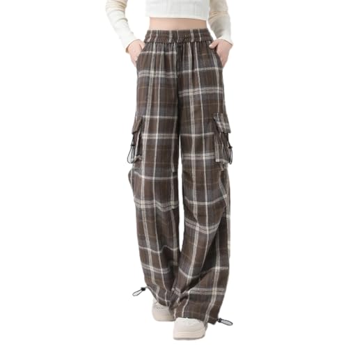 Women's Plaid High-Waisted Cargo Pants Loose Flowy Straight-Leg Fit Trousers