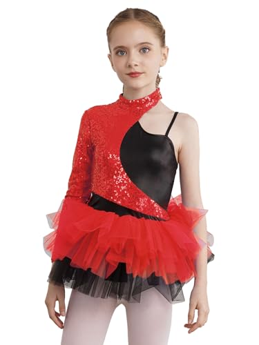 Jhaoyu Maillot para niños y niñas con lentejuelas brillantes, maillot de danza con falda de tul, disfraz de bailarina de jazz, rojo, 122-128