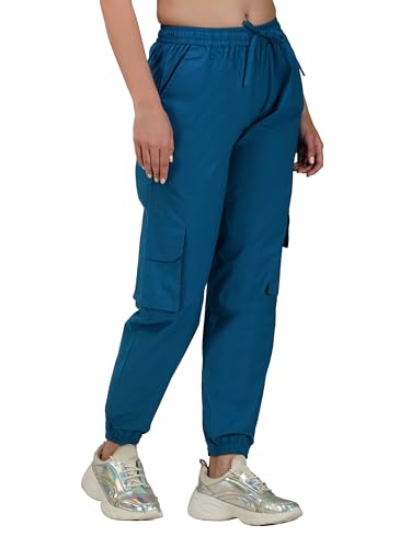 Image of fabcoast Multi-Pocket Cargo Cotton Poplin Jogger Pants for Women Summer Wear Full Elastic with Drawstring and 2 Side Pockets, 2 Back Pockets and 2 Leg Pockets
