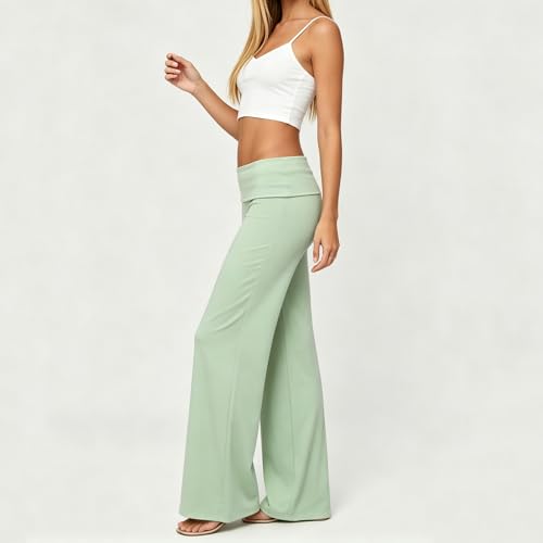 Image of Lounge Yoga Pants for Women Fold Over Low Waist Wide Leg Bell Bottoms | Y2K Foldover Pants, Flare Leggings, Low Rise Yoga Sweatpants