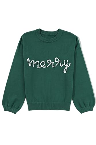 Women's Blackish Green Pearl Beaded Merry Christmas Casual Sweater