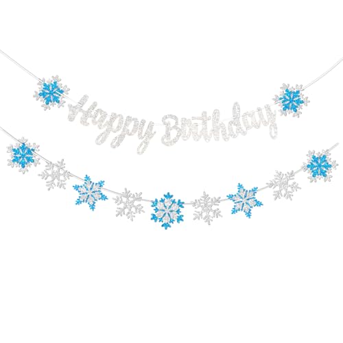 FHGG Frozen Snowflake Birthday Decorations Banner Snow Winter Glitter White