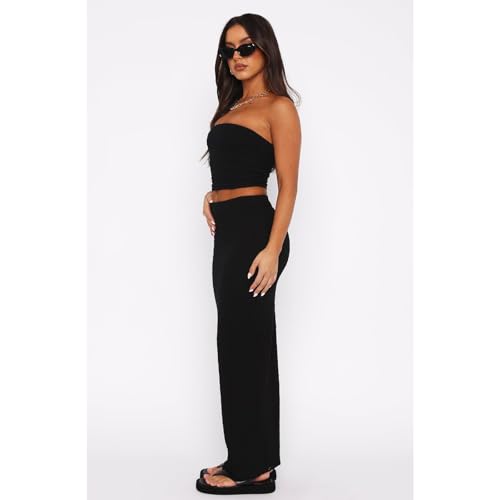 Image of Two Piece Dress Outfits for Women Sleeveless Tube Tops Bodycon Maxi Dress Summer Strapless Crop Top Sexy Suits Set