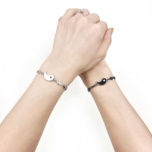 Image of 2 Couple Bracelets for men women, Love /Koi Fish /Gossip Jigsaw Puzzle Stainless Steel Heart-shaped Chain Adjustable Bracelet for Boyfriend Girlfriend Valentine's Day Gift Jewelry