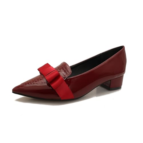 Image of Womens Comfortable Patent Leather Chunky Loafer Pumps with Bow Pointed Closed Toe Penny Loafers 1 Inch Low Block Heeled Loafers Shoes for Women Party Business