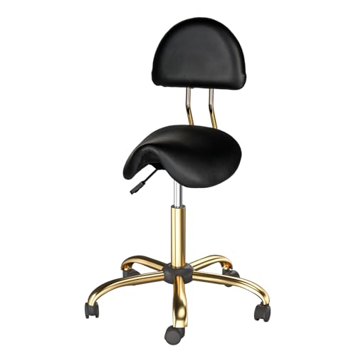 Bonnlo Saddle Stool with Wheels - Height Adjustable Swivel Stool with Backrest - for Salon Massage Home Kitchen Clinic Weight Capacity 400lbs Black Golden