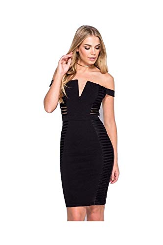 Women's Parisian Off Shoulder Lace Panel Bardot Bodycon Dress 12 Black