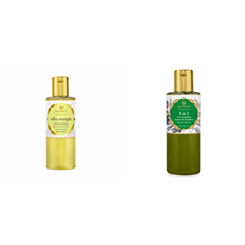 Image of Just Herbs Silky Strength Aloevera Wheatgerm Moisturising Shampoo, 200ml and 8 in 1 Root Nourishing Amla Neem Shampoo, 200ml