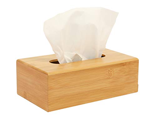 OSCO Bamboo Rectangular Tissue Box Eco-Friendly Tissue Holder Napkin Dispenser for Home Office Bathroom Natural Bamboo Tissue Cover Fits Standard Square Tissue Cartons Single