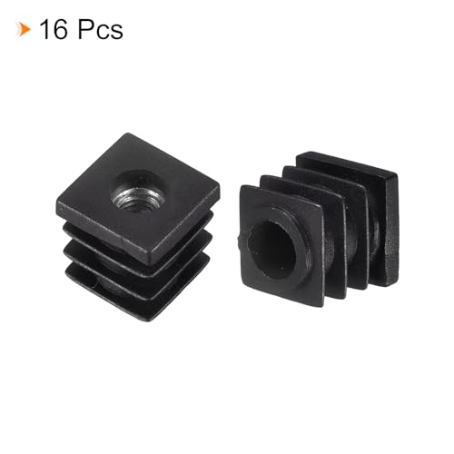 Image of uxcell 16Pcs Plastic Threaded Tube Inserts with M6 Thread, for 0.62 inchx0.62 inch OD Square Tube, Adjustable Square Black Plastic Plug Caster Insert Chair End Caps Furniture Leg Plug