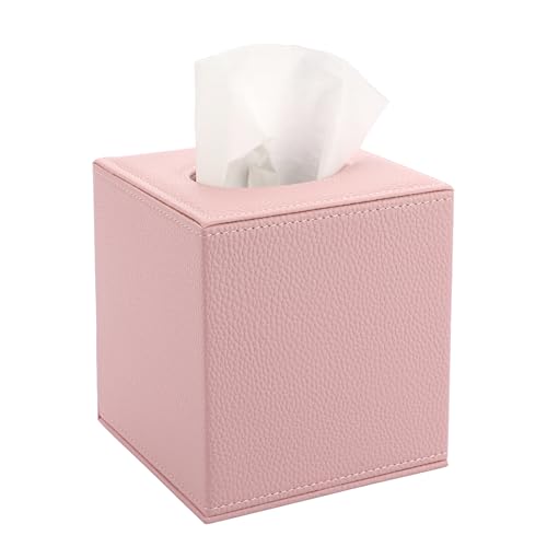 Sumnacon Tissue Box Cover Square Tissue Box Stylish PU Tissue Box Holder with Magnetic Bottom Cube Leather Tissue Cover for Living Room Bathroom Table Desk Home Office Car Pink