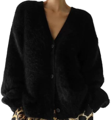 Womens Fuzzy Oversized Mohair Cardigan V Neck Button Down Long Sleeve Fluffy Knit Open Front Slouchy Sweater