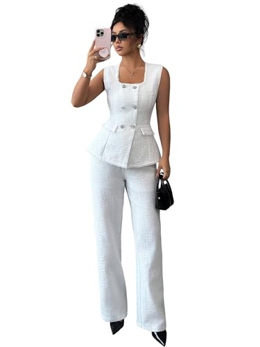 Canli4Y Womens 2 Piece Tracksuit Tweed Blazer Pant Set Square Neck Vest Top and High...