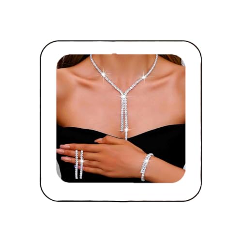 Unicra Silber Hochzeit Schmuck Set Strass Brautschmuck Halsketten und Ohrringe Armband Set Kostüm Prom Formal Kristall Schmuck Sets für Frauen und...