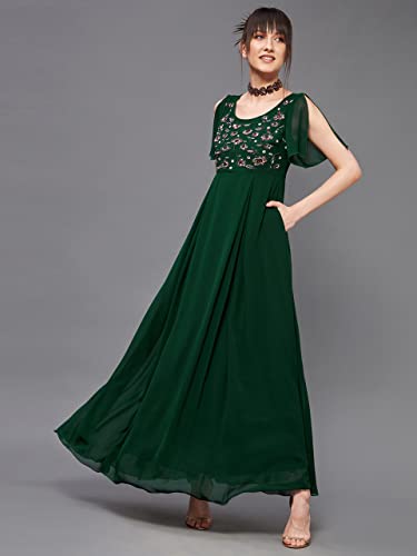 Image of Miss Chase Women's Round Neck Sleeve Embellished Fit Flare Maxi Dress