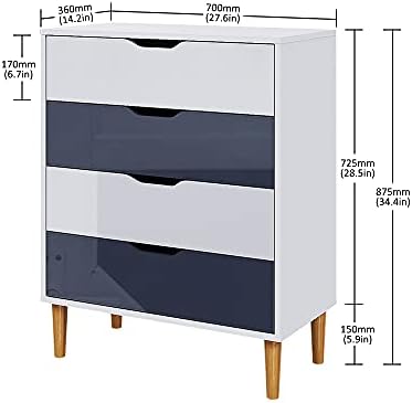 Panana Wooden Chest of 4 Drawers, Modern Bedside Cabinet Storage Organiser Unit Wooden Leg Living Room Hallway Bedroom Office White and Grey