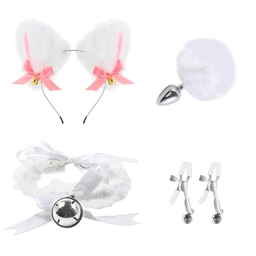 Cozy Leather Plush Erotica with Cat Ears Accessories 4 Piece Gift Set for Men and Women (White)