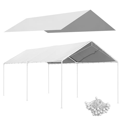 Outsunny Toile de Remplacement pour carport 3 x 6 m auvent de Voiture de Rechange bâche de Rechange pour abri de Voiture avec 48 élastiques à Boules Blanc (Housse Uniquement, Cadre Non Inclus)
