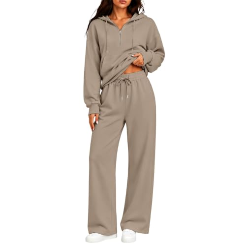XINGJIAARTS Matching Sweat Sets For Women Gym Half Zip Hooded Lounge Set Loose Wide Leg Sweatpants Workout Travel Tracksuit Khaki Large - image 2