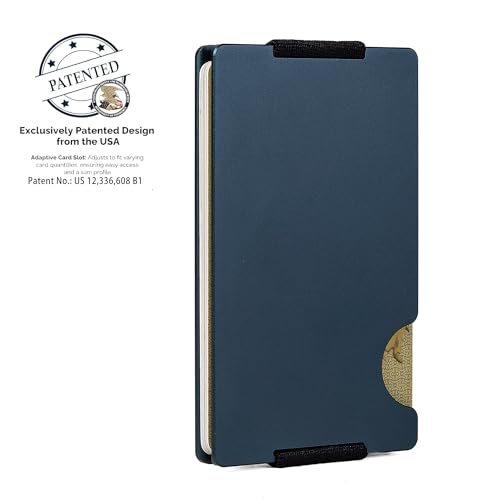 Minimalist Wallet for Men,Slim RFID Blocking Wallet,Durable Expandable Compact Plate, Matel Credit Card Holder,Cash Strap/Money Clip (Matte Navy Blue)2