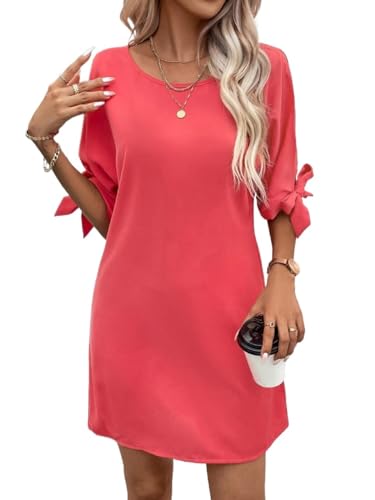 Camisa De Mujer Solid Knot Cuff Tunic Dress (Color : Watermelon Pink, Size : M)