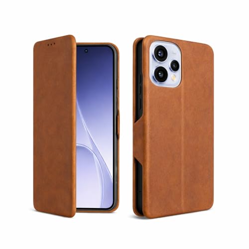 Image of Vegan Leather Wallet Case for Oppo Reno 15 5G, Premium PU Flip Cover with Card Slot, Magnetic Closure, Kickstand, Slim Durable Design, Privacy Protection - Brown