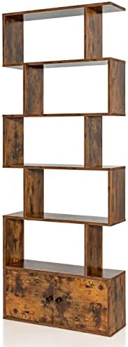 CASART 5/6 Tier Wooden Bookcase, Free Standing Shelving Stand Rack, S-Shaped Bookshelf Storage Display Unit (Brown,70 x 23 x 183cm)