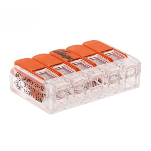 Wago - Lot de 5 bornes de raccordement S221 Compact - Connexion rapide - 5 conducteurs avec leviers 4mm² - Orange