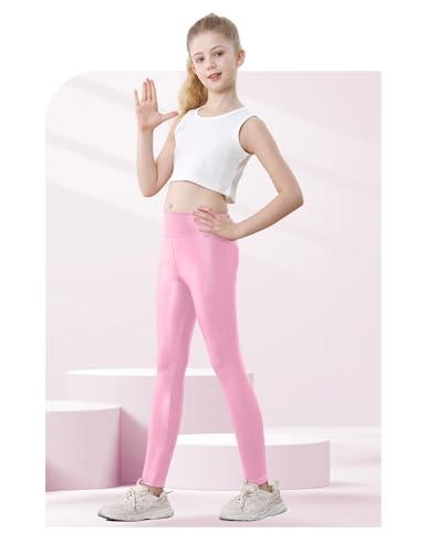 Girls Metallic Leggings High Waisted Sparkly Yoga Pants Shiny Running Dance Tights for Kids Youth Teen, 2 Pack3