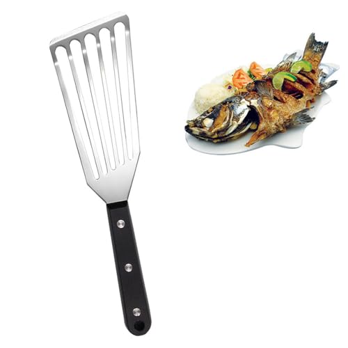 Fish Spatula Stainless Steel Fish Turner Stainless Steel Slotted Turner Professional Fish Spatula for Cooking Fish Egg Meat Dumpling Frying (1, Black)