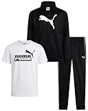 PUMA Boys Pants Set - 3 Piece Athletic T-Shirt, Zip Up Jacket, Jogger Pants - Boys Activewear Tricot Jogset (8-16), Size 10-12, White/Black Core