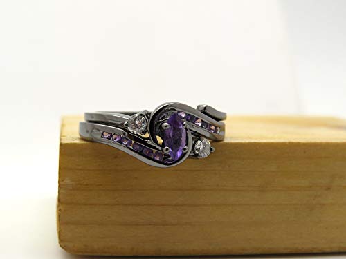Black Rhodium Plated 6X3 Mm Marquise Amethyst, Round Amethyst And Diamond Set, 14K White Gold, Size 9.5 #TOP6