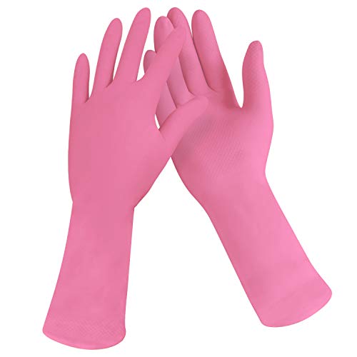 [12 Pairs] Dishwashing Gloves - 11.6 Inches Kids Rubber Gloves, Pink Flock Lined