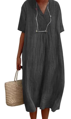 Image of LOVESHOOT Size XL Summer Dresses for Women 2025 Casual Short Sleeve Baggy Loose Smock Tunic Knee Length Midi Dress Boho Shift Tie Dye Beach Vacation Dress with Pockets Gray