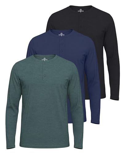 Image of Real Essentials 3 Pack: Mens Casual Long & Short Sleeve Cotton Henley Lightweight Button T-Shirt, Long Sleeve - Set