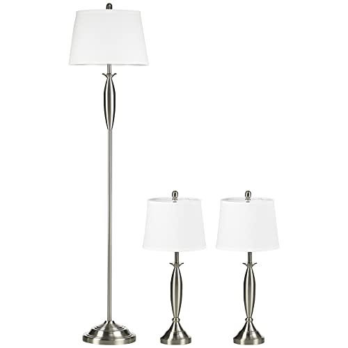 HOMCOM Set con 1 Lampada da Terra e 2 Lampada da Tavolo in Acciaio e Tessuto per Illuminazione Interni Casa e Ufficio, Bianco e Argento