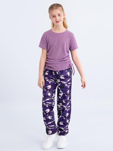 Image of ESHOO Teen Girls 2 Piece Outfits Kids Girls Ruched Drawstring Ribbed Knit Short Sleeve T Shirt Camouflage Pants Clothing Set
