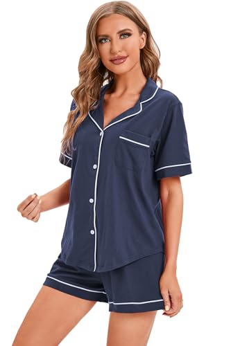 Image of LUBOT 100% Cotton Pajamas for Women 2 Piece PJ Set Button-Down Soft Knit Short Sleeve Summer Sleepwear Loungewear XS-XXL