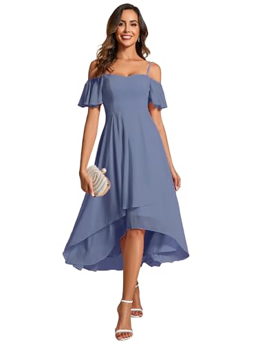 Image of Ever-Pretty Women's Summer Cold Shoulder Hi-Lo Asymmetrical Hem Flowy Chiffon Short Wedding Guest Dress 02103